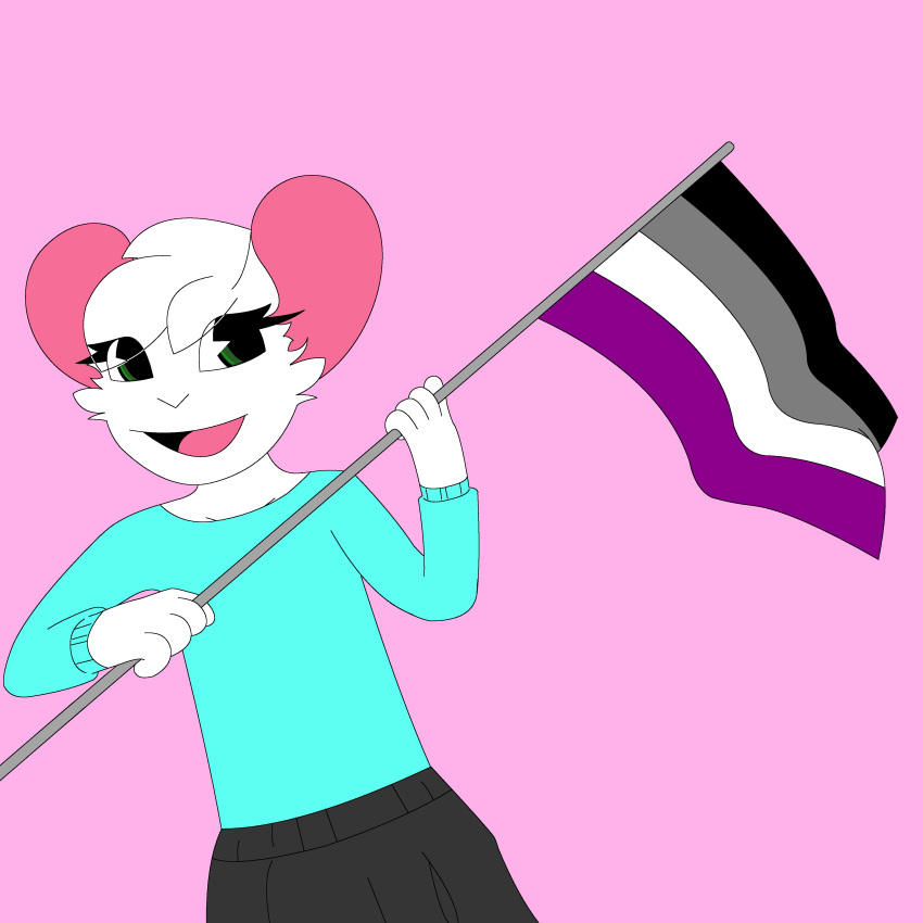 absurd_res anthro asexual_pride_colors asexual_symbol blue_clothing blue_shirt blue_topwear bottomwear clothed clothing flag flag_(object) flagpole fur girly green_eyes hair hi_res holding_flag holding_object holding_pole lgbt_pride male mammal mouse murid murine open_mouth pride_color_flag pride_colors reggie_(whygena) rodent shirt simple_background skirt solo subolek topwear what white_body white_fur why