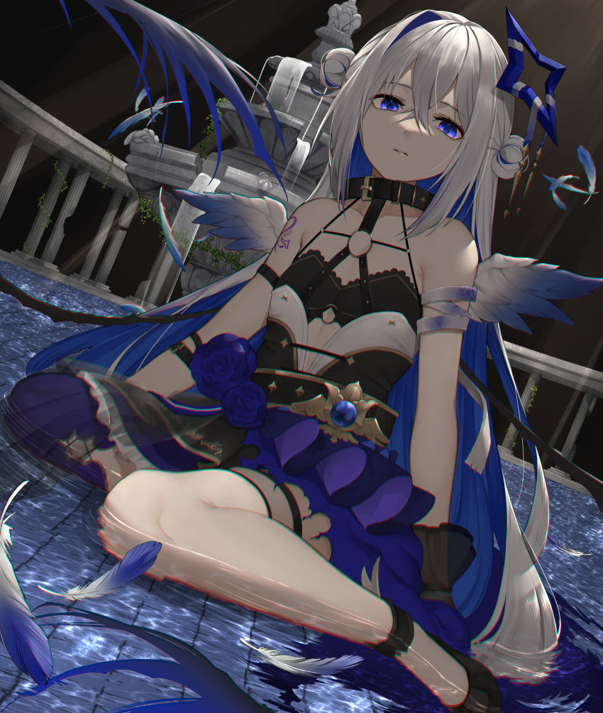 1girl absurdres amane_kanata angel_wings arm_strap asymmetrical_hair bandaged_arm bandages black_bra black_collar blue_eyes blue_hair blue_wings bra chest_harness collar colored_inner_hair commentary_request double_bun fallen_angel feathered_wings flat_chest gradient_wings grey_hair hair_bun halo harness high-waist_skirt highres hololive long_hair looking_at_viewer mini_wings multicolored_hair multicolored_wings o-ring o-ring_top official_alternate_costume official_alternate_hair_length official_alternate_hairstyle parted_lips single_hair_intake skirt solo star_halo strapless strapless_bra streaked_hair underwear very_long_hair virtual_youtuber white_wings wings yuya_(pixiv37335712)