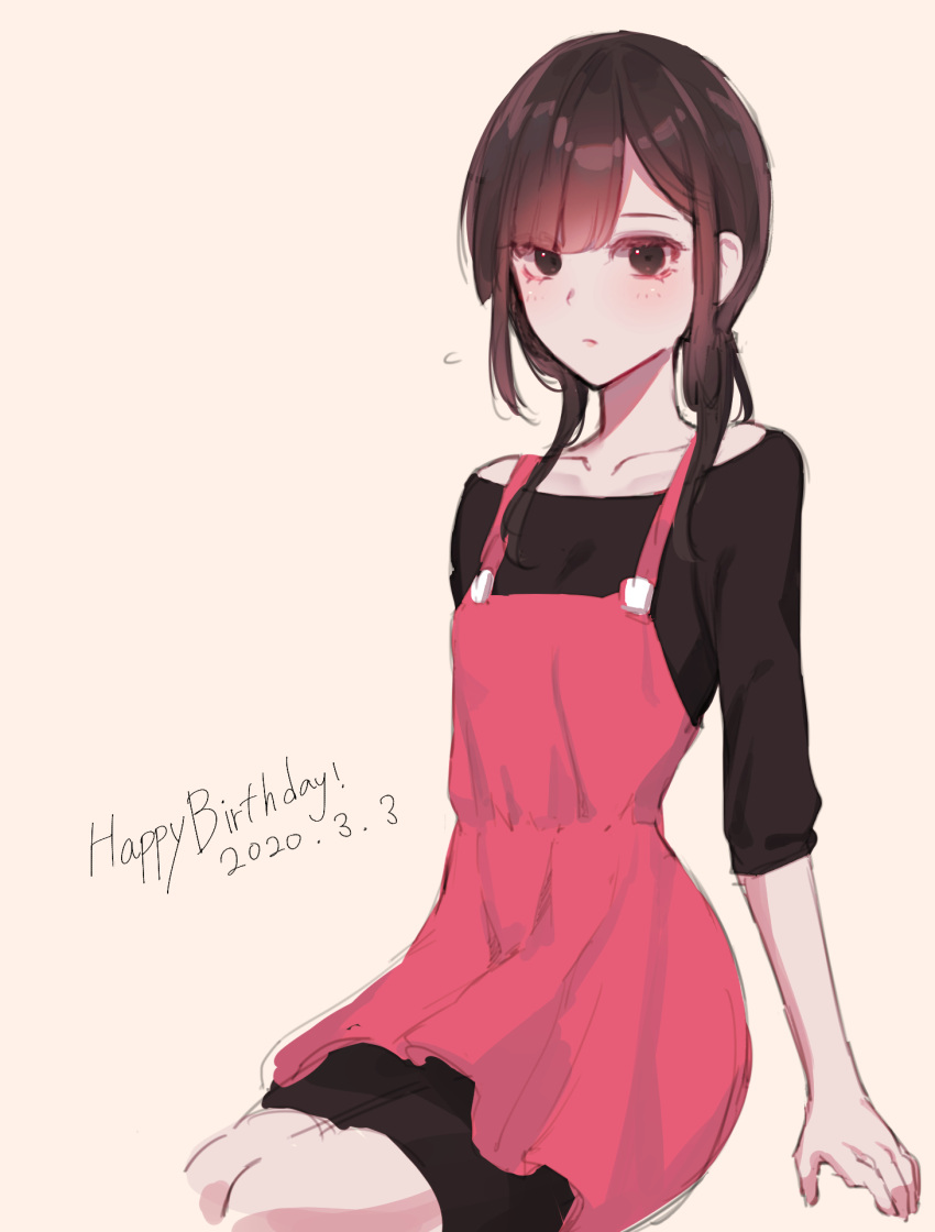 ! 1girl arm_support asahina_hiyori bangs black_eyes black_hair black_shirt black_shorts blunt_bangs brown_hair casual closed_mouth collarbone dated english_text flying_sweatdrops hair_over_shoulder happy_birthday highres kagerou_project looking_away low_twintails off-shoulder_shirt off_shoulder overalls pink_overalls pink_skirt rax_(pixiv_47057609) shirt shorts simple_background sitting skirt sleeves_past_elbows solo twintails white_background