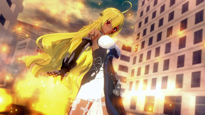 1girl 3d ahoge alternate_costume alternate_eye_color alternate_skin_color blonde_hair body_writing breasts building city cloud commentary_request corruption dark_persona dark_skin dragalia_lost elbow_gloves fire flame gloves highres junazura koikatsu_(medium) long_hair looking_at_viewer looking_to_the_side midriff morsayati multicolored_hair outdoors possessed red_eyes ribbon sky smile standing tattoo zethia