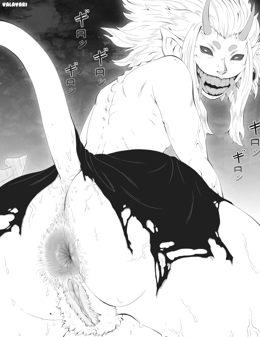 2023 absurd_res anus asian_mythology bottomless butt clothed clothing demon demon_humanoid east_asian_mythology female genitals greyscale hair hi_res horn humanoid humanoid_pointy_ears japanese_mythology looking_back monochrome mythology not_furry oni pussy smile solo torn_clothing valavari yokai