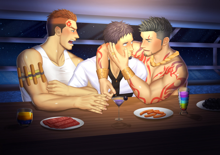 3boys absurdres bara beard biceps black_hair blue_eyes blush bracelet cigar collar collared_shirt drink facial_hair food gyee highres jashin_doruton jewelry looking_at_viewer male_focus manly master_(gyee) mature_male meat multicolored_hair multiple_boys muscular muscular_male night night_sky no_shirt open_mouth orange_hair priapus priapus_a._tarou rand_(gyee) sausage ship shirt sky spiked_hair star_(sky) starry_sky sweat sweatdrop table tank_top tattoo teeth tongue undercut upper_body watercraft wood wooden_table