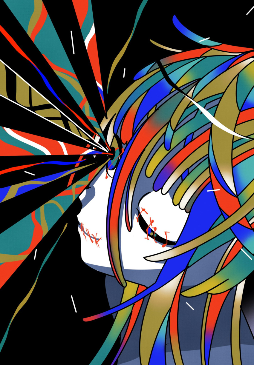 1girl bangs black_background closed_mouth colored_skin colorful eye_beam hair_between_eyes highres looking_away multicolored_eyes multicolored_hair one_eye_closed original portrait simple_background solo stitched_eye stitched_mouth stitches tagme white_skin wokichi