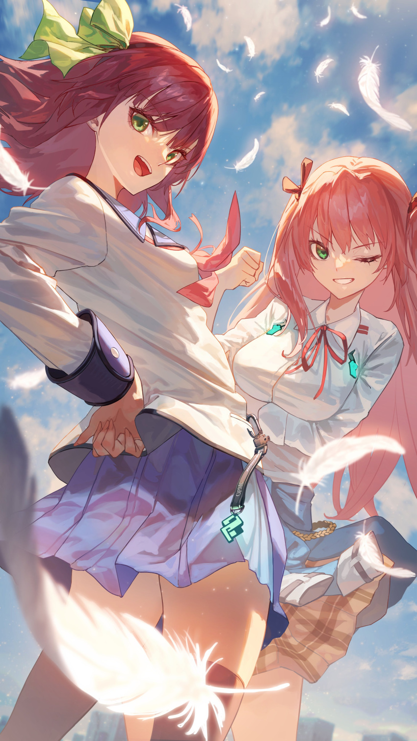 2girls absurdres aikawa_megumi angel_beats! arm_under_breasts bangs black_thighhighs blue_jacket blue_skirt blue_sky bow breasts brown_skirt closed_mouth clothes_around_waist dutch_angle falling_feathers feathers green_bow green_eyes hairband hand_on_hip hand_up heaven_burns_red highres jacket jacket_around_waist large_breasts long_hair long_sleeves looking_at_viewer makitoshi0316 medium_breasts multiple_girls nakamura_yuri neck_ribbon neckerchief one_eye_closed open_mouth outdoors pink_hair pink_neckerchief plaid plaid_skirt pleated_skirt purple_hair red_ribbon ribbon school_uniform shinda_sekai_sensen_uniform shirt skirt sky thighhighs two_side_up white_shirt