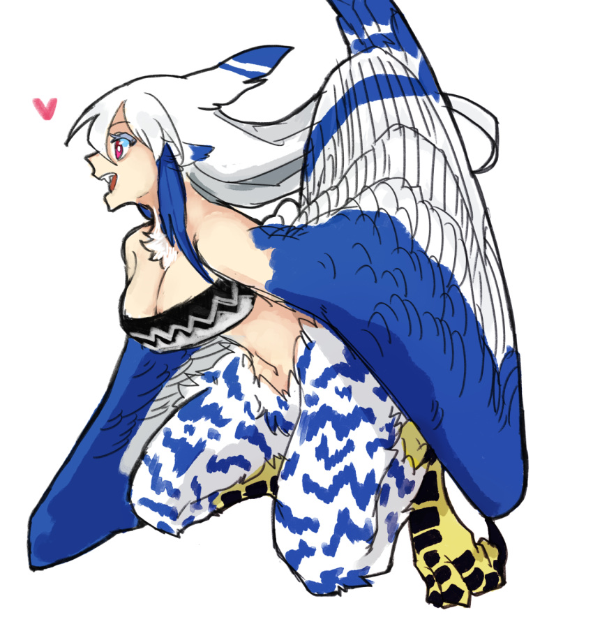 1girl animal_ears black_tube_top blue_feathers blue_hair blue_wings breasts feather_hair feathers harpy heart highres large_breasts long_hair monster_girl multicolored_hair navel open_mouth original pink_eyes simple_background solo strapless talons tube_top two-tone_hair two-tone_wings urotori urotori's_unnamed_harpy white_background white_feathers white_hair winged_arms wings