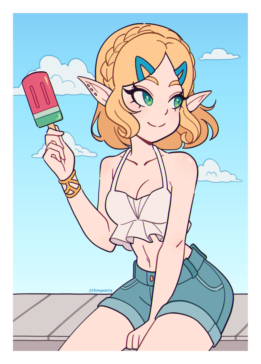 1girl absurdres blonde_hair blue_sky border breasts cleavage cloud cremanata denim denim_shorts ear_piercing earrings food green_eyes hair_ornament hairclip highres holding holding_food jewelry medium_hair midriff outdoors piercing pointy_ears popsicle princess_zelda shirt short_shorts shorts sitting sky the_legend_of_zelda white_border white_shirt