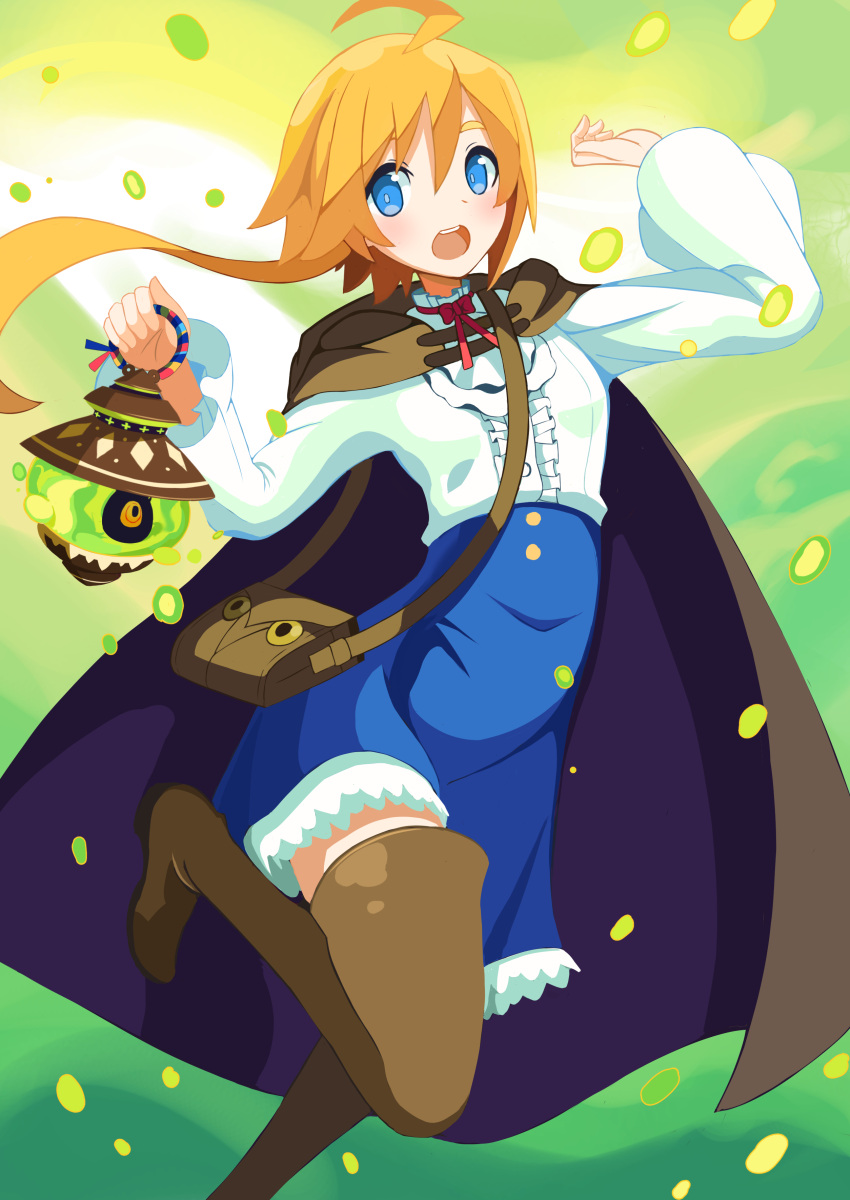 1girl absurdres ahoge arm_up bag blonde_hair blue_eyes boots brown_cloak brown_footwear cloak eureka_de_soleil high-waist_skirt highres hitodama holding_lamp labyrinth_of_galleria:_coven_of_dusk lamp light_blush looking_at_viewer low_ponytail monster nagi_(illust_nagi) neck_ribbon open_mouth red_ribbon ribbon shirt shoulder_bag skirt solo standing standing_on_one_leg teeth thigh_boots upper_teeth_only white_shirt