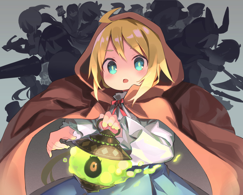 ahoge blonde_hair blue_eyes cloak cloneko_(zelmeledf2) eureka_de_soleil everyone faceless fire green_fire grey_background greyscale high-waist_skirt highres hitodama holding holding_lamp holding_weapon hood hood_up hooded_cloak labyrinth_of_galleria:_coven_of_dusk lamp long_hair looking_at_viewer low_ponytail monochrome neck_ribbon open_mouth red_ribbon ribbon shirt short_hair skirt solo_focus spiked_hair surprised twintails upper_body weapon white_shirt