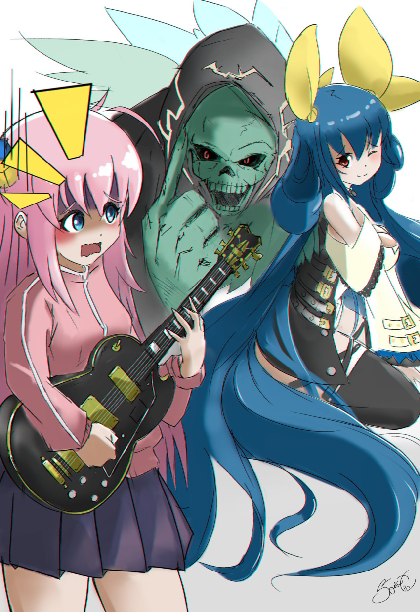 absurdres black_skirt blue_eyes blue_hair bocchi_the_rock! breasts crossover detached_sleeves dizzy_(guilty_gear) gotou_hitori guilty_gear guitar hair_ornament hairclip highres holding holding_instrument instrument large_breasts long_hair necro_(guilty_gear) pink_hair red_eyes ribbon skirt sonic-x track_suit very_long_hair wings yellow_ribbon