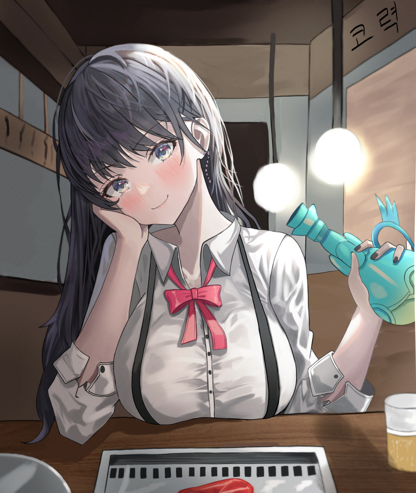 1girl absurdres aqua_eyes bangs black_hair black_nails blush breasts closed_mouth collared_shirt cup drinking_glass earrings fakey hand_on_own_cheek hand_on_own_face head_rest highres holding jewelry large_breasts long_hair looking_at_viewer nail_polish neck_ribbon original pov_across_table red_ribbon ribbon shirt smile solo table upper_body white_shirt