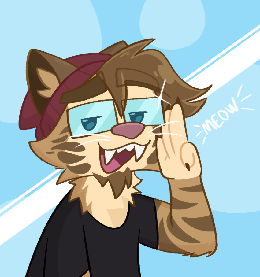 anthro beanie clothing crushpepper eyewear felid feline glasses hat headgear headwear hi_res looking_at_viewer machairodontine male mammal saberspark saberspark_(character) smile smiling_at_viewer solo tagme teeth youtuber