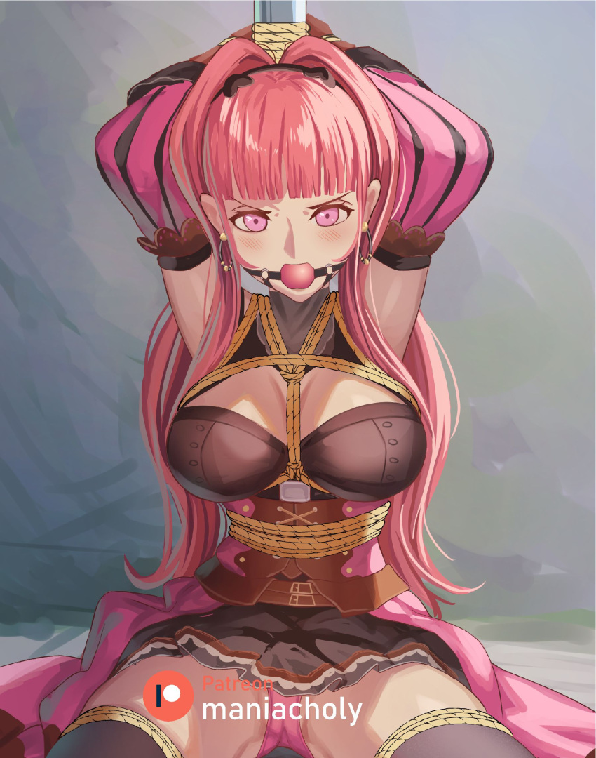 1girl armpits arms_up ball_gag bangs bare_shoulders bdsm black_skirt black_thighhighs blunt_bangs bondage bound breasts callu_jy commentary_request corset detached_sleeves fire_emblem fire_emblem:_three_houses gag gagged hair_intakes highres hilda_valentine_goneril large_breasts long_hair looking_at_viewer miniskirt panties pink_eyes pink_hair pink_panties rope shibari sitting skirt solo thighhighs underwear very_long_hair