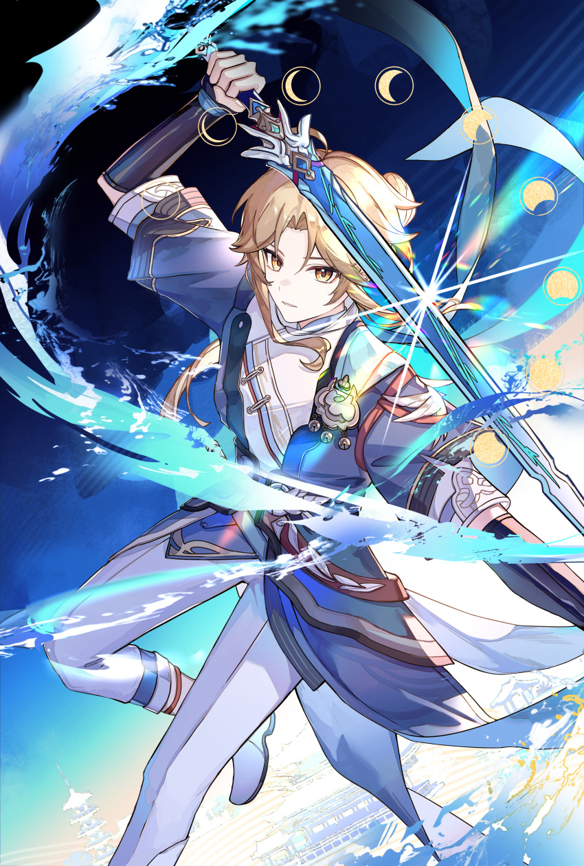 1boy absurdres architecture arm_up bangs black_gloves blonde_hair blue_jacket boots building crackingtaro diffraction_spikes east_asian_architecture elbow_gloves eyelashes fingerless_gloves floating_hair gloves highres holding holding_sword holding_weapon honkai:_star_rail honkai_(series) jacket long_hair looking_at_viewer male_focus moon_phases open_clothes open_jacket open_mouth outdoors pagoda pants parted_bangs parted_lips ponytail shirt short_sleeves sidelocks sky solo sword weapon white_footwear white_pants white_shirt yanqing yellow_eyes