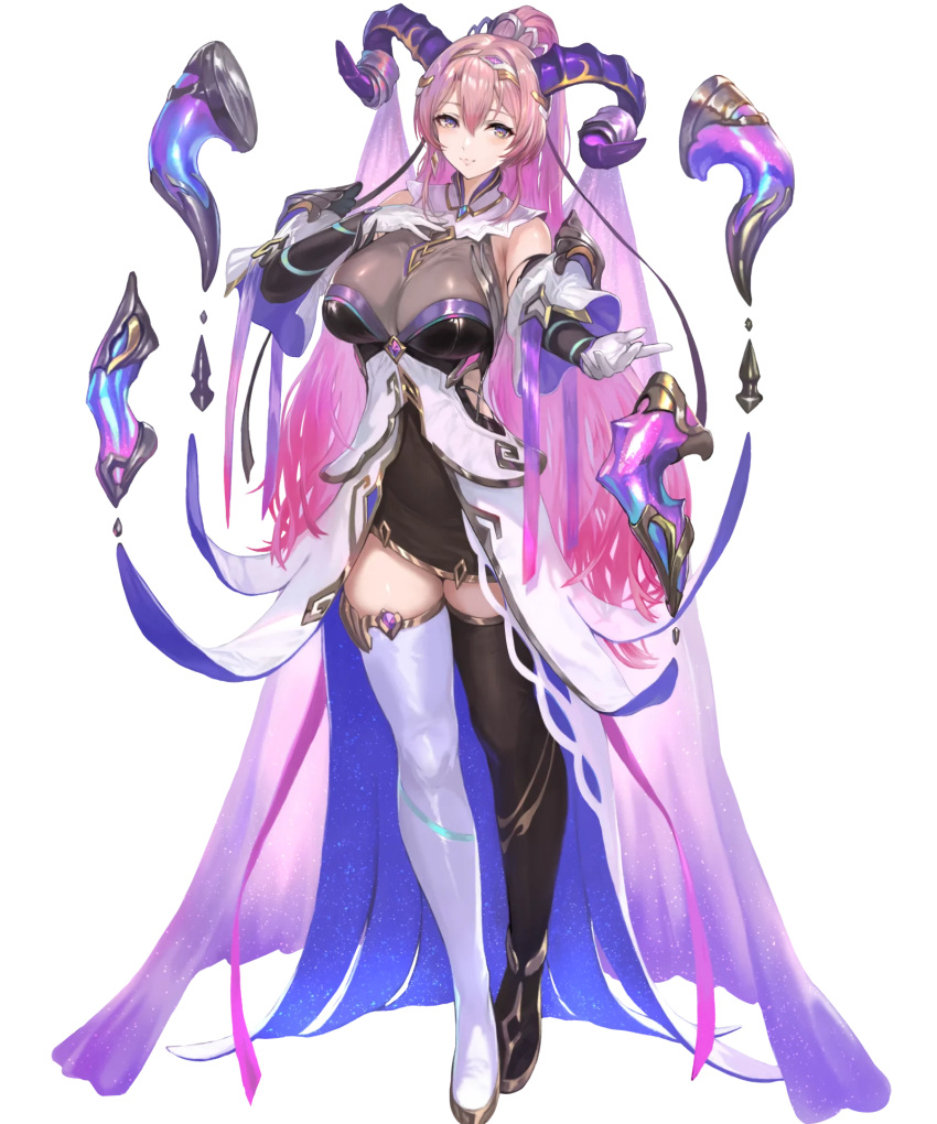 1girl bangs blush boots breasts closed_mouth curled_horns dress earrings fire_emblem fire_emblem_heroes floating floating_object full_body gloves goat_horns gradient_hair hair_ornament hairband hand_on_own_chest hand_up high_ponytail highres horns jewelry large_breasts light_smile long_hair looking_at_viewer multicolored_hair nerthuz_(fire_emblem_heroes) non-web_source official_art pink_hair ponytail purple_eyes purple_hair shiny_clothes short_dress single_earring sleeveless solo standing thigh_boots thighs transparent_background two-tone_hair veil yoshiku_(oden-usagi) zettai_ryouiki