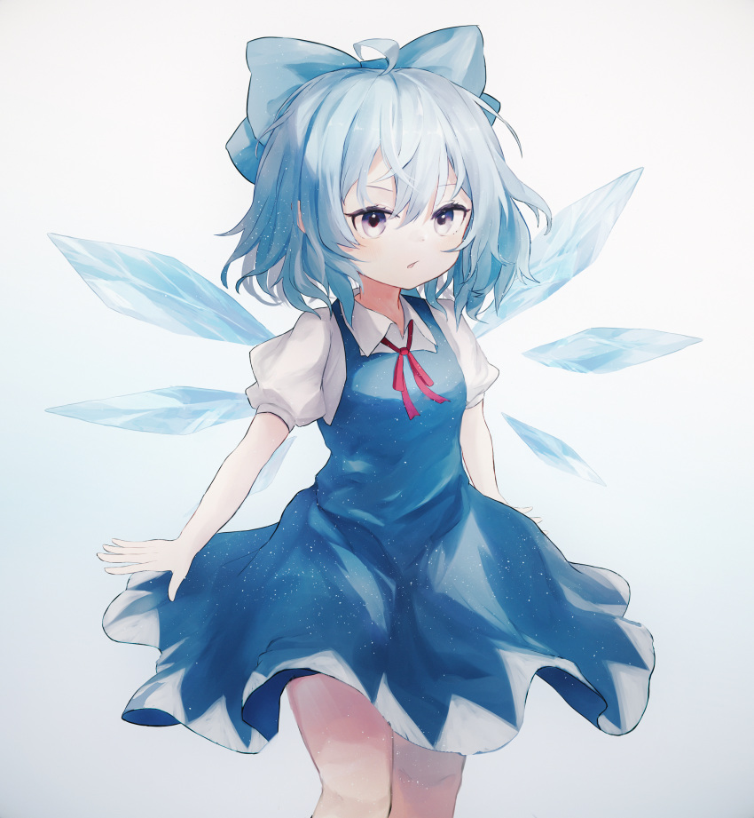1girl ahoge ar_(maeus) bangs blue_bow blue_dress blue_eyes blue_hair bow cirno collared_shirt commentary dress fairy feet_out_of_frame hair_between_eyes hair_bow highres ice ice_wings parted_lips pinafore_dress puffy_short_sleeves puffy_sleeves red_ribbon ribbon shirt short_hair short_sleeves solo touhou white_shirt wings