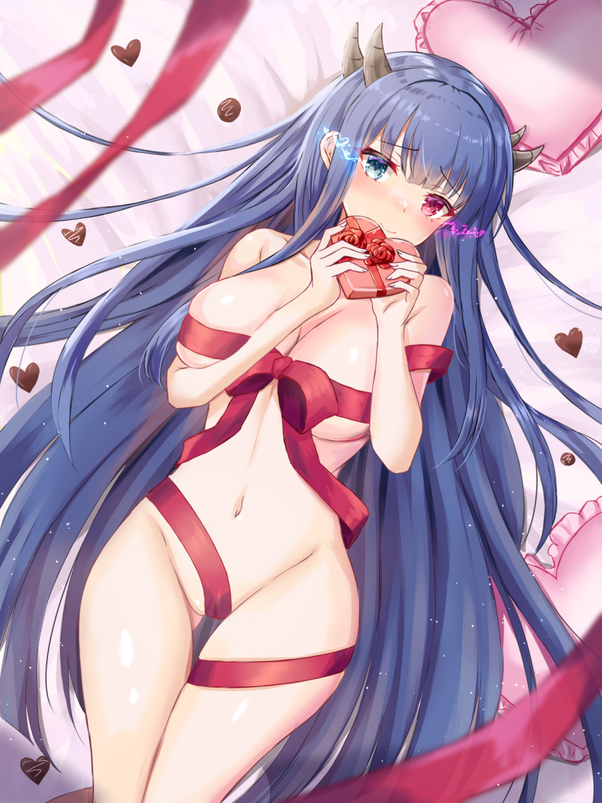 1girl azur_lane bangs blue_eyes blue_hair blush box breasts candy chocolate cleavage food gift gift_box gift_wrapping habu_rin heart heart-shaped_chocolate heterochromia highres holding holding_box horns ibuki_(azur_lane) large_breasts long_hair looking_at_viewer lying red_eyes smile solo thighs underboob valentine