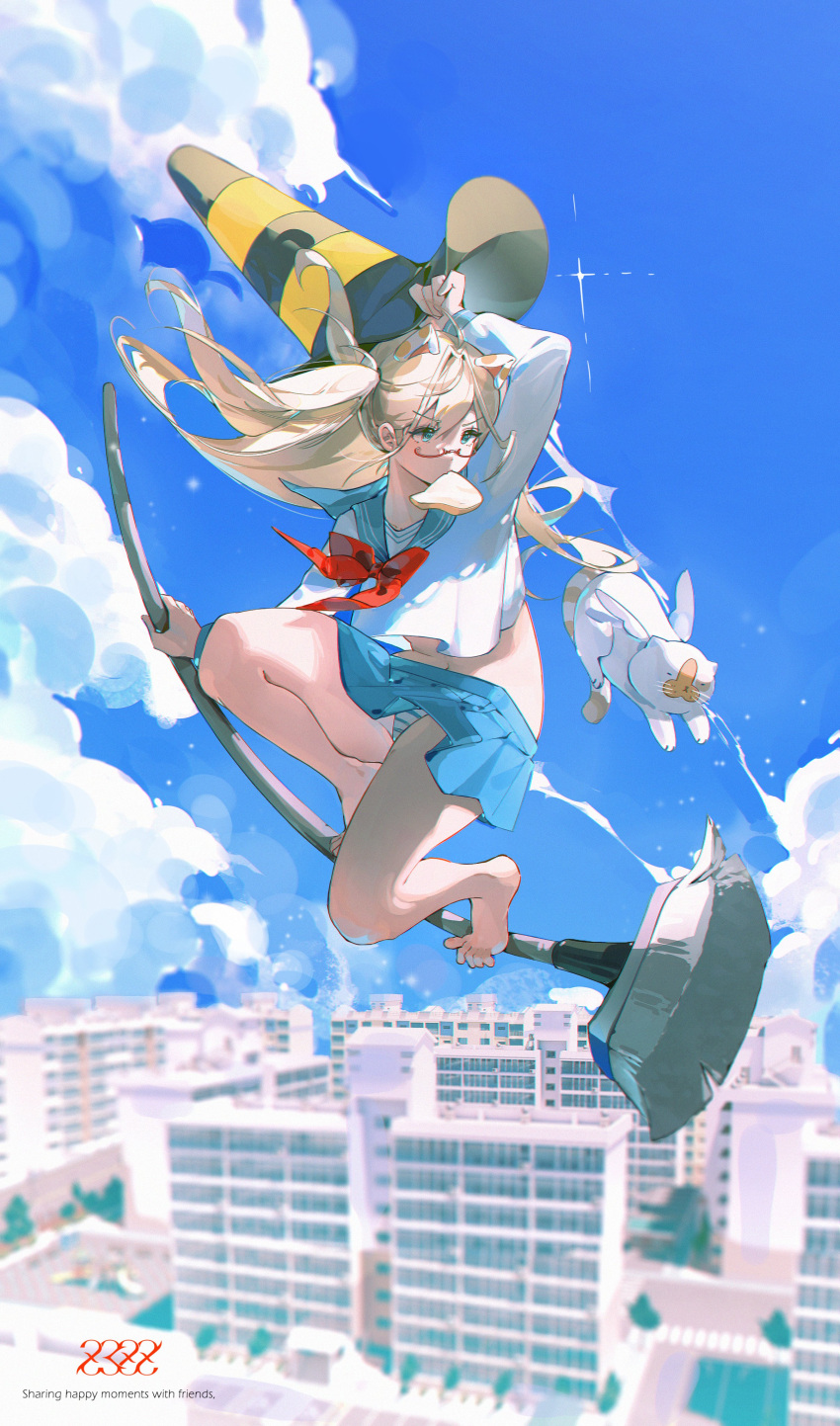 1girl absurdres animal_ears bangs bare_legs barefoot blue_sky bread broom building cat cityscape cloud cloudy_sky day extra_ears fake_animal_ears floating food food_in_mouth glasses hat highres holding holding_broom long_hair no_shoes original outdoors panties pleated_skirt red-framed_eyewear red_ribbon ribbon sailor_collar school_uniform semi-rimless_eyewear serafuku skirt sky solo striped striped_panties thighs underwear z3zz4