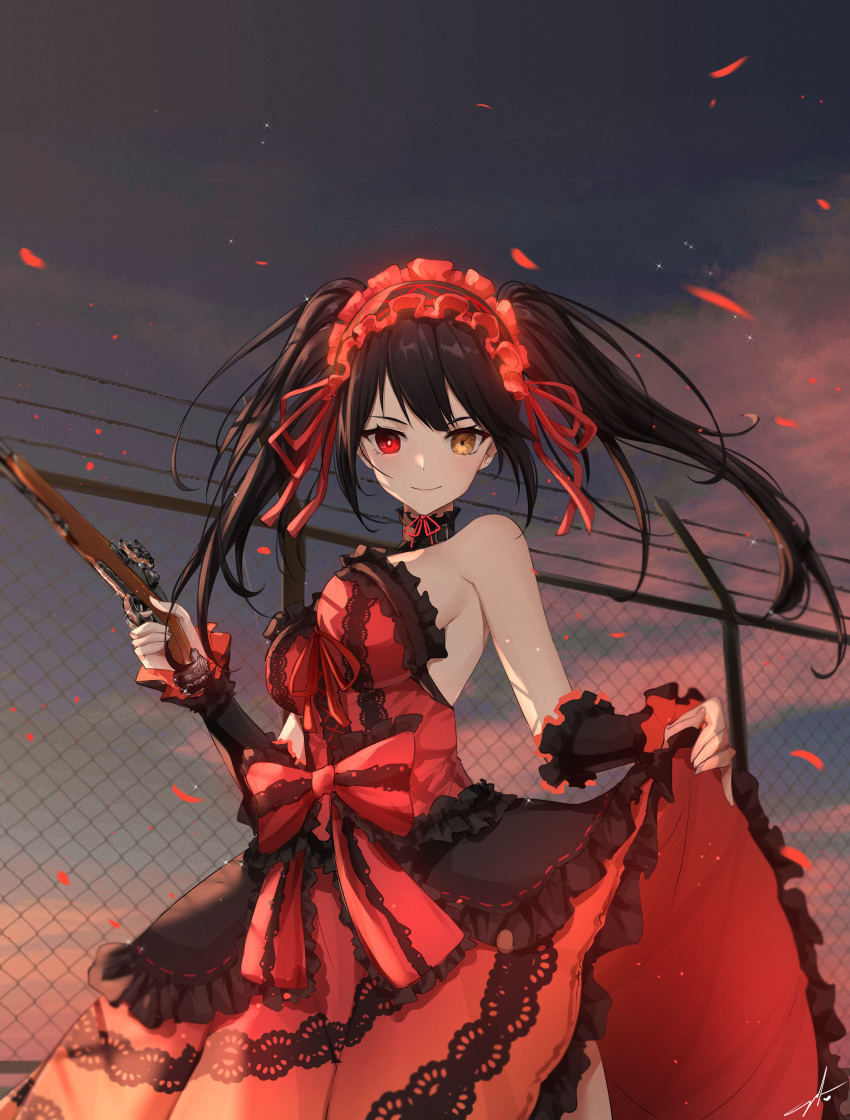 1girl absurdres antique_firearm bangs bare_shoulders black_choker black_hair breasts chain-link_fence choker clock_eyes closed_mouth date_a_live dress dusk falling_petals feint721 fence finger_on_trigger firelock flintlock floating_hair frilled_choker frilled_dress frilled_hairband frills gothic_lolita gun hairband heterochromia highres holding holding_gun holding_weapon lolita_fashion long_hair looking_at_viewer medium_breasts neck_garter outdoors petals red_dress red_eyes red_ribbon ribbon sidelocks signature skirt_hold sky smile solo symbol-shaped_pupils tokisaki_kurumi twintails weapon yellow_eyes