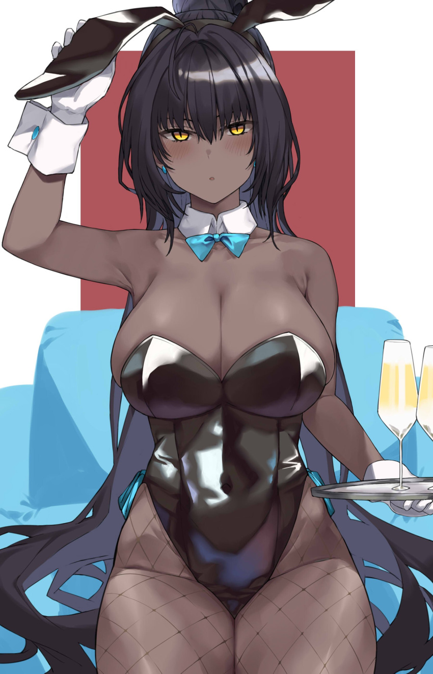 1girl :o absurdres animal_ears aqua_bow aqua_bowtie armpits bangs bare_shoulders black_hair black_leotard blue_archive bow bowtie breasts cleavage collar commentary covered_navel cup dark-skinned_female dark_skin detached_collar drinking_glass earrings fake_animal_ears fishnet_pantyhose fishnets gloves hai_ookami hair_between_eyes highres holding huge_breasts jewelry karin_(blue_archive) karin_(bunny)_(blue_archive) leotard long_hair looking_at_viewer official_alternate_costume pantyhose playboy_bunny rabbit_ears sidelocks sitting sleeveless solo tan traditional_bowtie tray white_collar white_gloves wine_glass wrist_cuffs yellow_eyes