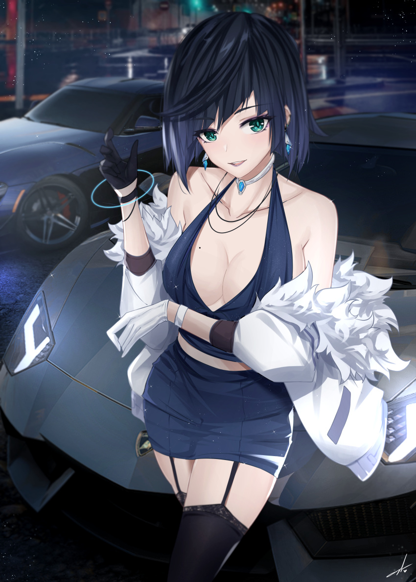 1girl absurdres alternate_costume asymmetrical_gloves asymmetrical_hair bangs bare_shoulders black_thighhighs blue_hair blue_skirt blurry bob_cut breasts car choker cleavage coat collarbone cowboy_shot depth_of_field diagonal_bangs earrings feint721 fur-trimmed_coat fur_trim garter_straps genshin_impact gloves green_eyes ground_vehicle highres jewelry lamborghini lamborghini_aventador large_breasts light_blush looking_at_viewer midriff mismatched_gloves mole mole_on_breast motor_vehicle necklace night off_shoulder outdoors parted_lips plunging_neckline short_hair sidelocks skirt sleeveless smile solo sports_car standing thighhighs thighs toyota_supra vision_(genshin_impact) white_choker white_coat wristband yelan_(genshin_impact)