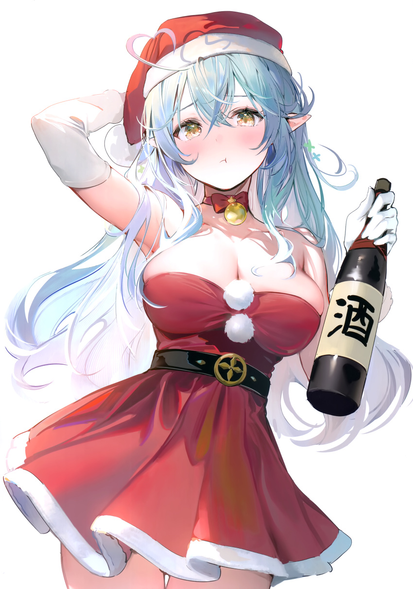 1girl :t absurdres arm_behind_head blue_hair blush bottle breasts cleavage cowboy_shot dress elbow_gloves elf gloves hair_between_eyes hat highres holding holding_bottle hololive large_breasts long_hair looking_at_viewer pointy_ears red_dress santa_hat scan solo standing strapless strapless_dress umibouzu_(niito) virtual_youtuber white_gloves yellow_eyes