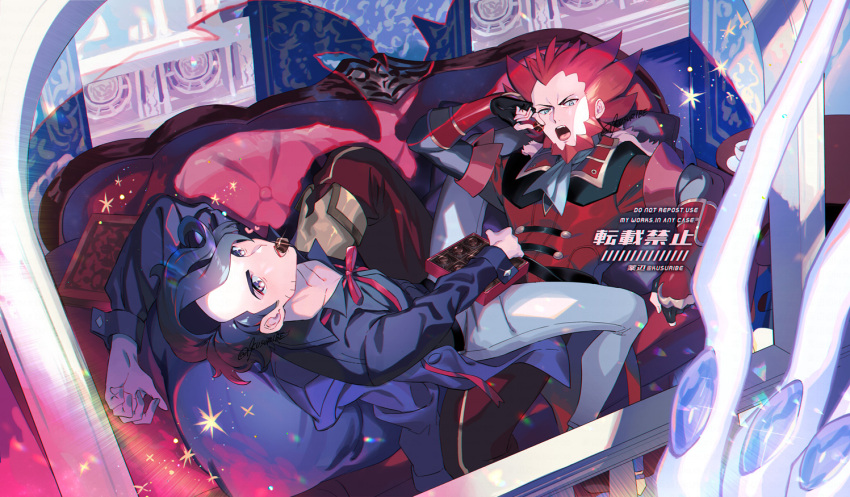 2boys arm_up augustine_sycamore beard black_gloves black_hair black_pants buttons collared_shirt commentary_request couch facial_hair fingerless_gloves gloves grey_pants grey_shirt hand_up jacket kusuribe long_sleeves lying lysandre_(pokemon) lysandre_(sygna_suit)_(pokemon) male_focus mouth_hold multiple_boys official_alternate_costume open_mouth pants pokemon pokemon_(game) pokemon_masters_ex red_hair red_jacket ribbon shirt short_hair spiked_hair tongue watermark