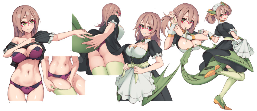 1girl apron breasts brown_hair cosplay dragon_horns dragon_tail dragon_wings dressing duel_monster fake_horns fake_tail fake_wings glasses green_eyes green_thighhighs highres horns juliet_sleeves large_breasts long_sleeves maid maid_apron maid_headdress medium_hair navel over-rim_eyewear parlor_dragonmaid parlor_dragonmaid_(cosplay) progression puffy_sleeves rotix semi-rimless_eyewear tail thighhighs white_background wings wrist_cuffs yu-gi-oh! yu-gi-oh!_duel_monsters