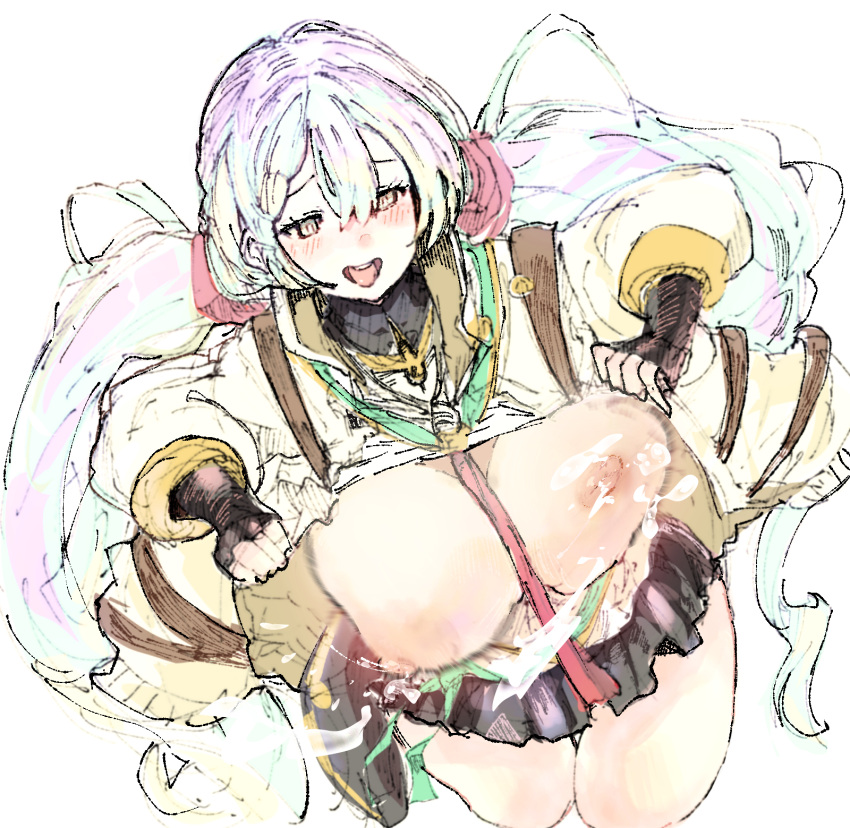1girl blush breasts cupitan_(granblue_fantasy) gorirago granblue_fantasy hair_ornament hair_scrunchie highres lactation large_breasts legs long_hair low_twintails miniskirt motion_blur open_mouth scrunchie simple_background sketch skirt solo tongue tongue_out twintails undressing very_long_hair white_background white_eyes white_hair