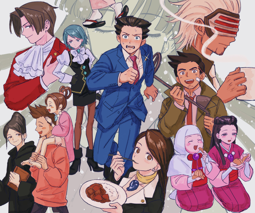 5boys 6+girls ace_attorney ascot bandaid bandaid_on_face beard bikini_(ace_attorney) black_footwear black_gloves black_hair black_skirt black_vest blue_eyes blue_hair blue_jacket blue_pants blush boots braid breasts brown_eyes brown_hair carrying cleavage closed_eyes closed_mouth collared_shirt cup curry curry_rice dick_gumshoe earrings eating eye_mask facial_hair food formal franziska_von_karma fruit gloves godot_(ace_attorney) hair_intakes hair_rings hand_on_hip hanten_(clothes) high_heel_boots high_heels highres holding holding_spoon hood hood_up iris_(ace_attorney) jacket japanese_clothes jewelry juliet_sleeves kimono larry_butz long_hair long_sleeves looking_at_viewer magatama mandarin_orange maya_fey metal_detector mia_fey miles_edgeworth misty_fey mug multiple_boys multiple_girls necklace necktie on_shoulder open_mouth pants pantyhose pearl_fey pencil_skirt phoenix_wright phoenix_wright:_ace_attorney_-_trials_and_tribulations pink_necktie puffy_sleeves purple_eyes red_jacket renshu_usodayo rice running shirt short_hair short_kimono shoulder_carry sitting skirt smile spiked_hair spoon stubble suit sweatdrop utensil_in_mouth vest vest_over_shirt white_hair white_shirt