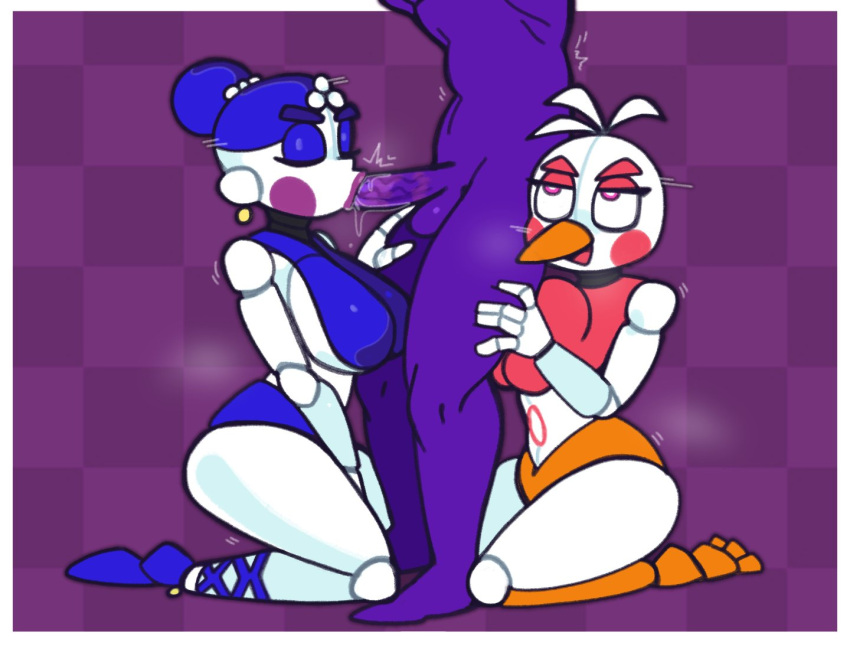 animatronic anthro avian ballora_(fnafsl) balls beak big_breasts bird blue_bottomwear blue_clothing blue_eyeshadow blue_footwear blue_hair blue_shoes blue_topwear bottomwear breasts checkered_background chicken clothing crown crushtrap ear_piercing eyelashes eyes_closed eyeshadow fellatio female five_nights_at_freddy's footwear freddy_fazbear's_pizzeria_simulator funtime_chica_(fnaf) galliform gallus_(genus) genitals group hair head_feathers head_tuft headgear huge_breasts human humanoid kneeling_oral_position lipstick lipstick_on_penis machine makeup male male/female mammal oral orange_bottomwear orange_clothing pattern_background penile penis phasianid piercing pink_clothing pink_eyes pink_eyeshadow pink_topwear purple_background purple_body purple_lipstick robot robot_humanoid rosy_cheeks scottgames sex shoes simple_background sister_location steam thick_thighs tiara topwear trio tuft white_body wide_hips