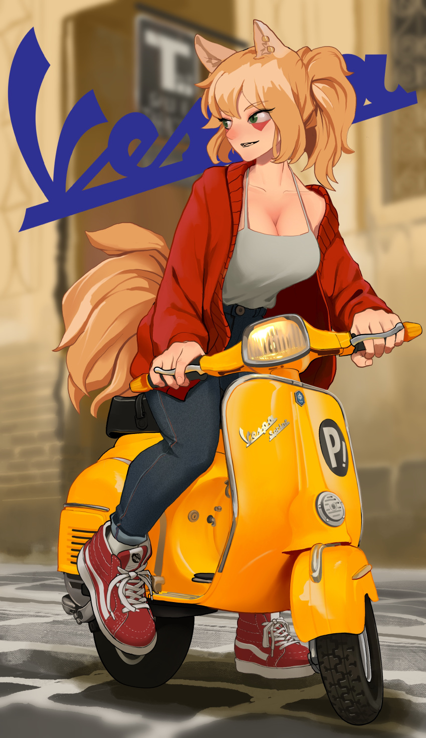 1girl absurdres animal_ears blue_pants breasts brown_hair cardigan cleavage collarbone denim earclip facial_mark fingernails fox_ears fox_tail green_eyes grey_tank_top ground_vehicle highres jeans large_breasts long_hair looking_to_the_side motor_vehicle multiple_tails no_bra on_scooter open_cardigan open_clothes original pants pants_rolled_up ponytail product_placement red_cardigan red_footwear rifleman1130 scooter shoes sneakers solo tail tank_top vespa