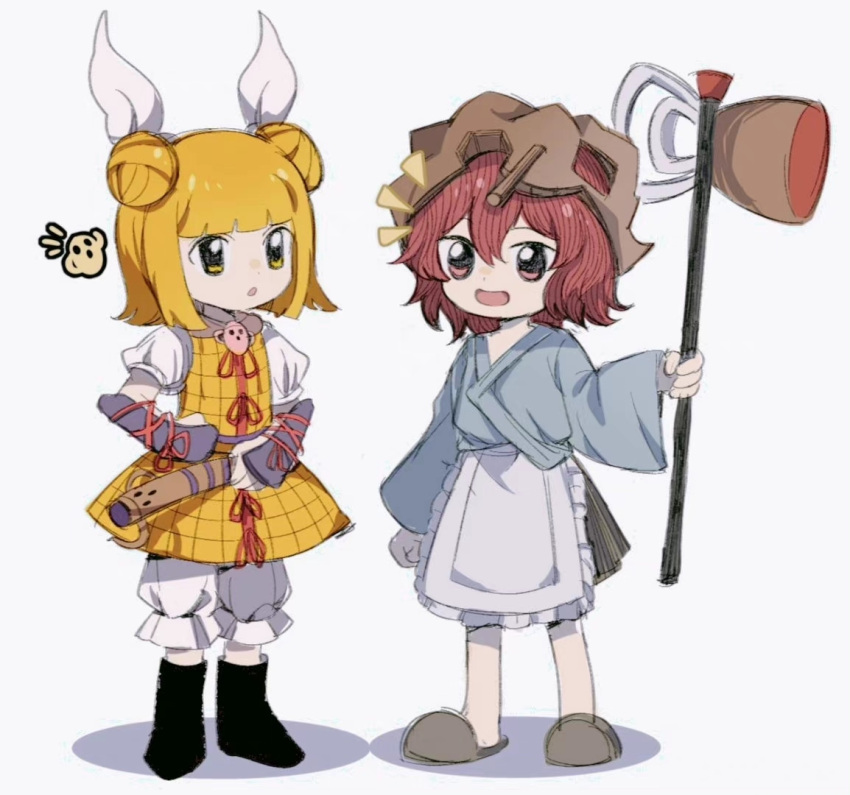 1girl 1other androgynous apron armor bambootea bangs black_footwear blonde_hair bloomers blue_shirt blunt_bangs boots brown_footwear brown_headwear brown_skirt crossover double_bun frilled_apron frills hair_between_eyes hair_bun hair_ribbon haniwa_(statue) helmet holding joutouguu_mayumi katano_sukune katano_sukune's_bottle_opener len'en long_sleeves medium_hair open_mouth puffy_short_sleeves puffy_sleeves red_eyes red_hair red_ribbon ribbon shirt short_hair short_sleeves simple_background skirt slippers smile stage_connection touhou trait_connection underwear white_apron white_background white_bloomers white_ribbon white_shirt yellow_eyes