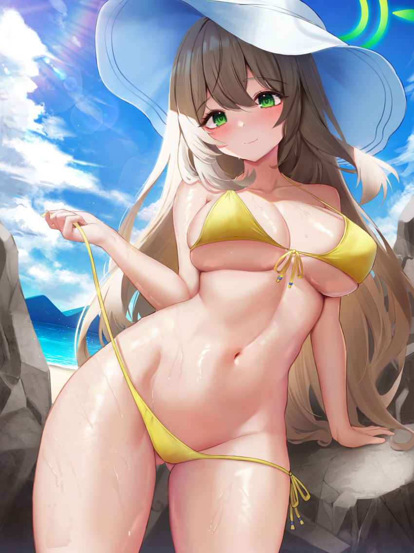 1girl absurdres ass_visible_through_thighs bare_arms bare_shoulders bikini blue_archive breasts brown_hair cowboy_shot day front-tie_bikini_top front-tie_top green_eyes halo halterneck hat highres hwa_sawa large_breasts long_hair looking_at_viewer navel nonomi_(blue_archive) nonomi_(swimsuit)_(blue_archive) official_alternate_costume outdoors side-tie_bikini_bottom skindentation smile solo standing stomach strap_gap string_bikini sun_hat swimsuit thighs untied untied_bikini very_long_hair wet white_headwear yellow_bikini