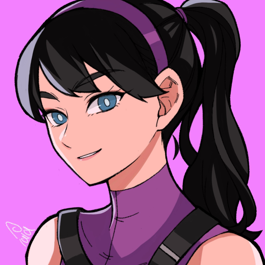 1girl artist_name bangs bare_shoulders black_hair collarbone commentary green_eyes hawkeye_(marvel) headband highres kate_bishop looking_at_viewer marvel open_mouth parted_lips ponytail purple_headband purple_shirt shirt sleeveless smile solo sushi_pizza_rrr symbol-only_commentary upper_body