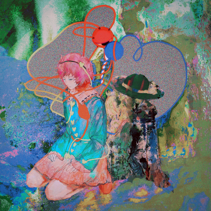 2girls abstract_background absurdres aqua_shirt bangs brown_footwear buttons closed_eyes closed_mouth expressionless full_body green_headwear hairband hands_on_own_legs hat heart heart_(organ) heart_button highres komeiji_koishi komeiji_satori long_sleeves multiple_girls pink_skirt red_footwear seiza shirt short_hair sitting skirt smudge static third_eye touhou xbsx yellow_shirt