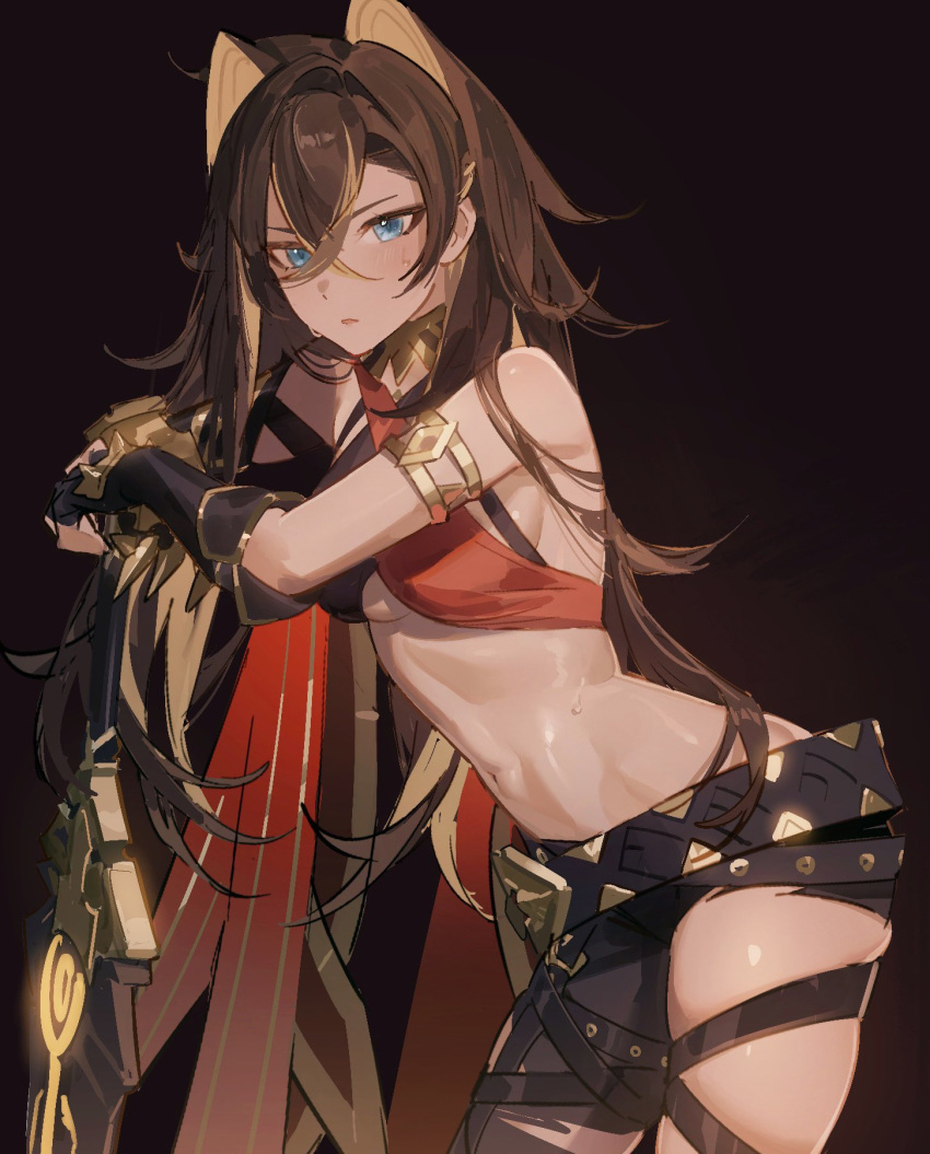 1girl :o arm_armor armlet asymmetrical_clothes bangs bare_shoulders black_background black_gloves black_hair blonde_hair blue_eyes breasts claymore_(sword) criss-cross_halter crossed_bangs crossed_belts dark-skinned_female dark_skin dehya_(genshin_impact) fingerless_gloves gauntlets genshin_impact gloves gold_choker hair_between_eyes hair_ears halterneck highres leaning_on_weapon long_hair looking_at_viewer medium_breasts multicolored_hair multiple_thigh_straps navel pants single_gauntlet solo stomach streaked_hair sweat thigh_strap thighs torn_clothes torn_pants yurayura_(mdeh5447)