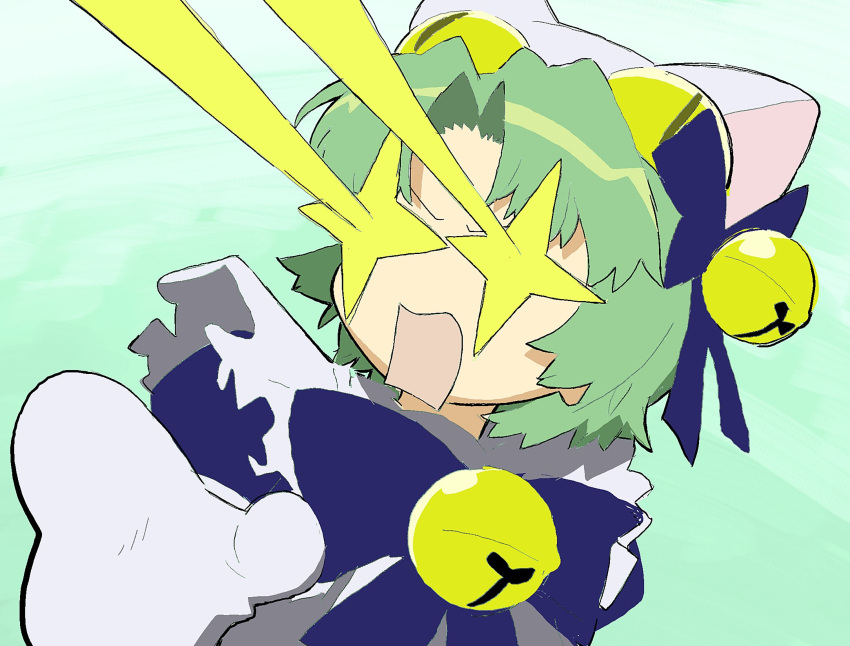 1girl animal_hat apron bangs bell blue_bow blue_bowtie blue_dress blue_ribbon bow bowtie cat_hat dejiko di_gi_charat dress dutch_angle eye_beam frilled_apron frills green_background green_hair gundam_(vxrwvww) hair_bell hair_ornament hair_ribbon hat highres jingle_bell maid_apron neck_bell open_mouth parted_bangs pointing puffy_short_sleeves puffy_sleeves ribbon short_hair short_sleeves solo upper_body v-shaped_eyebrows white_apron white_mittens