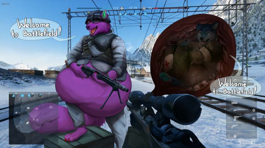 ambiguous_gender ambiguous_pov anthro armor artist_name battlefield_(series) belly big_belly blue_body blue_eyes blue_fur bottomwear canid cheek_tuft claws clothed clothing cutaway dialogue facial_tuft fangs first_person_view fur gameplay_mechanics glistening glistening_eyes green_clothing green_eyes grey_bottomwear grey_clothing grey_pants grey_topwear group gun headgear helmet heterochromia hi_res holding_gun holding_object holding_weapon huge_belly inside_stomach internal male mammal map open_mouth outside pants purple_body purple_fur ranged_weapon red_claws red_eyes red_tongue roobin screencap screencap_background speech_bubble standing teeth tongue topwear trio tuft vore weapon