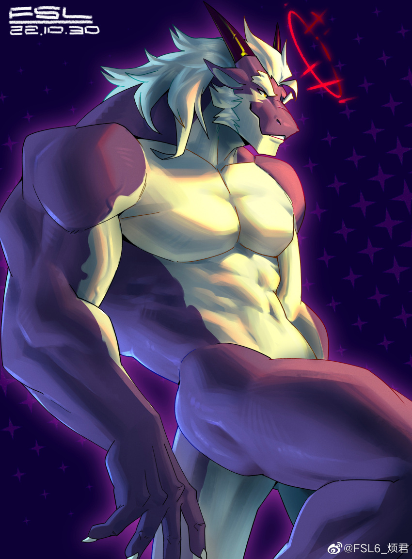 2022 2_horns abs absurd_res anthro big_pecs butt countershading dated digital_media_(artwork) dragon facial_hair fansl hair halo hi_res horn male muscular muscular_anthro muscular_arms muscular_male nude pecs purple_body purple_scales red_halo scales scalie sideburns signature solo sparkling_background white_body white_hair wingless_dragon yellow_eyes