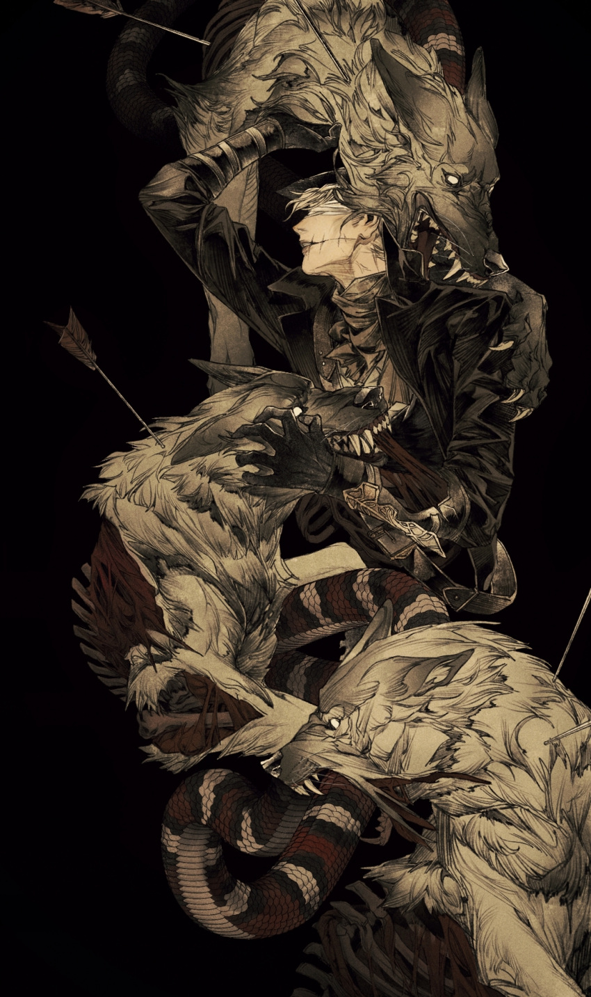 1boy arm_guards arm_up arrow_(projectile) arrow_in_body bandages bandages_over_eyes biting black_background black_gloves bloodborne bone character_request collared_jacket commentary english_commentary exposed_bone gloves high_collar highres jacket lapels long_sleeves male_focus megasus open_clothes open_jacket open_mouth ribs scar scar_on_face scar_on_mouth sharp_teeth short_hair simple_background snake solo teeth tongue white_hair wolf