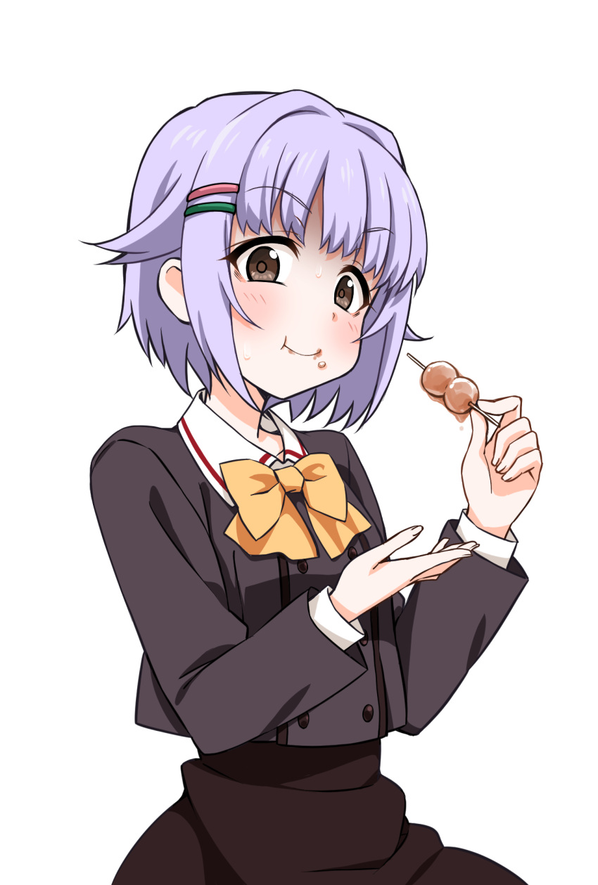 bangs blush bow brown_eyes crumbs dango eating food hair_flaps hair_ornament hairclip hatakenaka_(kamagabuchi) highres holding holding_food idolmaster koshimizu_sachiko purple_hair school_uniform short_hair simple_background skirt smile sweatdrop wagashi white_background yellow_bow