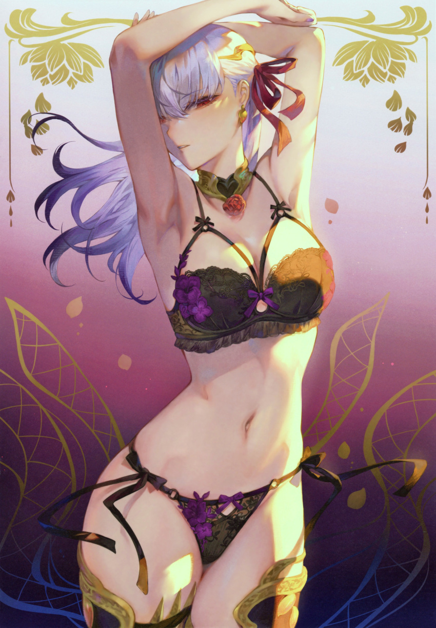 1girl absurdres armpits arms_up bangs bow bow_bra bow_panties bowtie bra breasts detached_collar earrings fate/grand_order fate_(series) fingernails floral_print gradient_background highres jewelry kama_(fate) lingerie long_hair looking_at_viewer mashuu_(neko_no_oyashiro) medium_breasts nail_polish navel panties parted_lips red_eyes scan simple_background solo stomach thighs underwear underwear_only white_hair