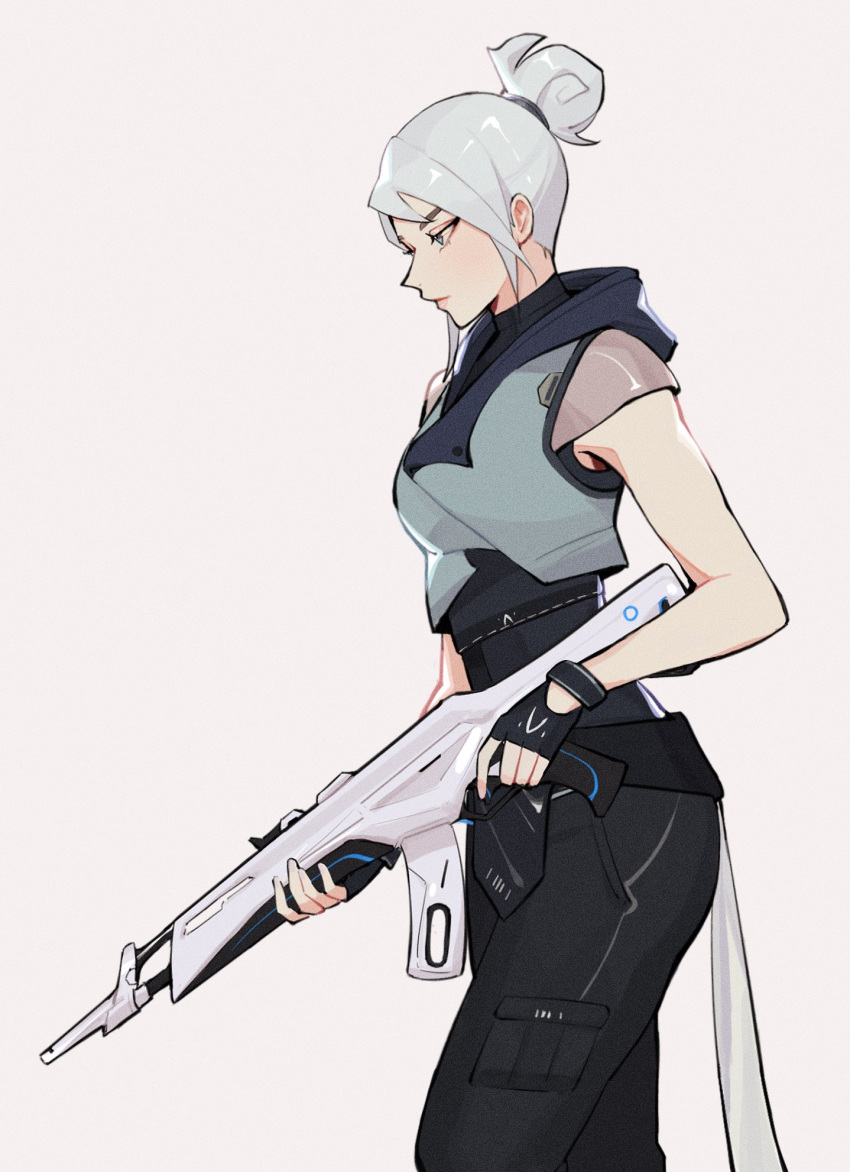 1girl assault_rifle bangs black_bodysuit black_gloves blue_eyes blue_jacket bodysuit closed_mouth fingerless_gloves gloves gun hair_bun highres holding holding_gun holding_weapon hyoon_(sockgyu) jacket jett_(valorant) rifle short_sleeves simple_background single_hair_bun sleeveless sleeveless_jacket solo trigger_discipline valorant weapon white_background white_hair