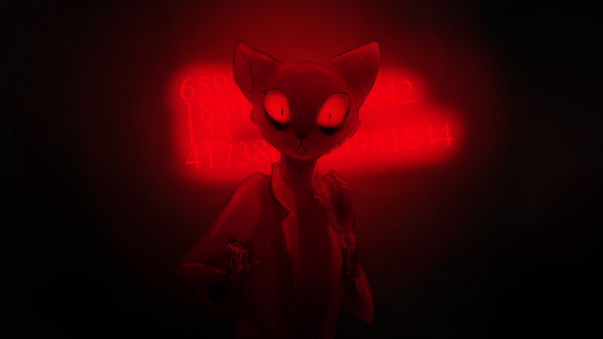 anthro blood bodily_fluids burn_marks clothed clothing coat domestic_cat eloisa eloisanon felid feline felis female hi_res horrified lab_coat looking_at_self mammal melting_flesh missing_finger mortified number pain red_background red_light scared simple_background solo text tired tired_eyes topwear wounded