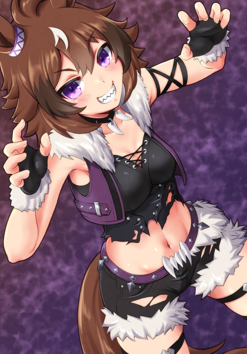 1girl animal_ears bangs black_choker black_gloves black_shirt black_shorts blush breasts brown_hair choker claw_pose cleavage collarbone commentary cowboy_shot crop_top ear_ornament fingerless_gloves fur-trimmed_gloves fur-trimmed_vest fur_trim gloves grin groin hair_between_eyes hands_up highres horse_ears horse_girl horse_tail looking_at_viewer medium_breasts midriff multicolored_hair musan_(mu34mi) navel purple_background purple_eyes purple_vest sharp_teeth shinko_windy_(umamusume) shirt short_hair short_shorts shorts sidelocks skindentation smile solo standing tail teeth thigh_strap torn_clothes torn_shirt torn_shorts umamusume vest white_hair