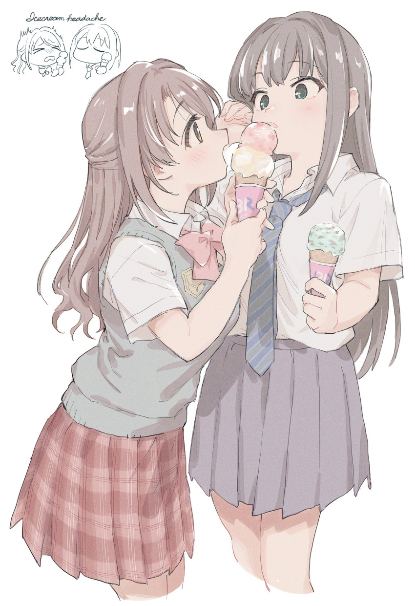 2girls baskin-robbins black_hair bow brown_eyes brown_hair collared_shirt cropped_legs food green_eyes highres holding holding_food holding_ice_cream ice_cream idolmaster idolmaster_cinderella_girls long_hair multiple_girls nanonin necktie plaid school_uniform sharing_food shibuya_rin shimamura_uzuki shirt skirt sweater_vest