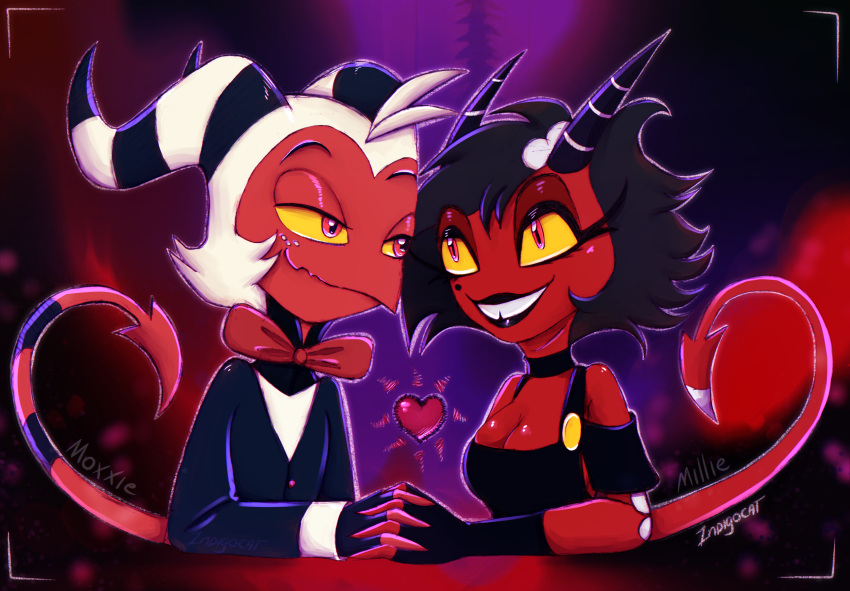 &lt;3 1ndigocat 2023 anime_eyes anime_style anthro black_hair bow_ribbon bow_tie breasts choker cleavage clothed clothing demon duo female freckles gloves hair handwear helluva_boss hi_res horn imp jewelry kemono male male/female millie_(helluva_boss) moxxie_(helluva_boss) necklace red_body red_skin romantic romantic_couple smile toony white_hair