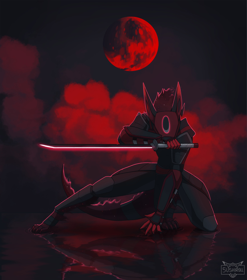 2022 5ushiroll action_pose ambiguous_gender anthro armor blood_moon bracers cel_shading claws detailed_background digitigrade fog full-length_portrait full_moon glistening glistening_weapon hi_res holding_katana holding_object holding_sword holding_weapon katana khinaizo kneeling machine male_(lore) melee_weapon moon on_one_knee portrait pose protogen reflection restricted_palette samurai shaded solo spread_legs spreading sword warrior water water_reflection weapon