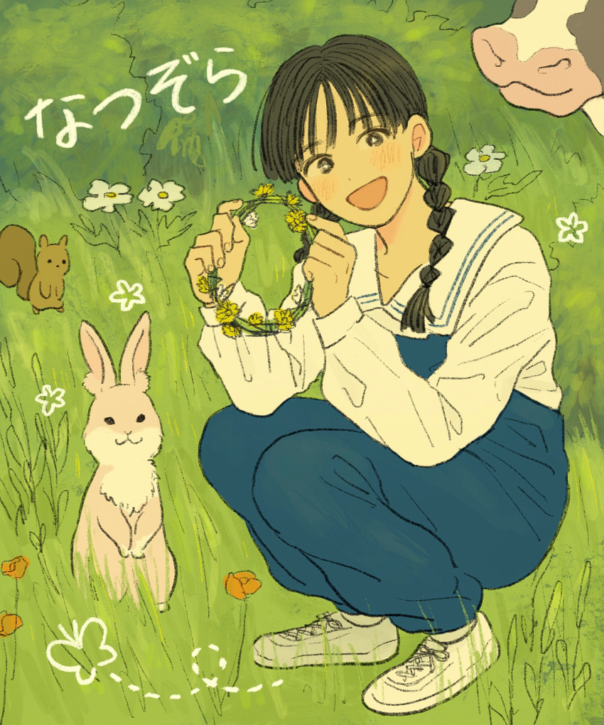 1girl black_hair blue_overalls blush braid cow flower grass head_wreath highres long_sleeves natsu_okuhara natsuzora open_mouth orange_flower outdoors overalls pikara rabbit solo squatting squirrel twin_braids white_flower white_footwear yellow_flower