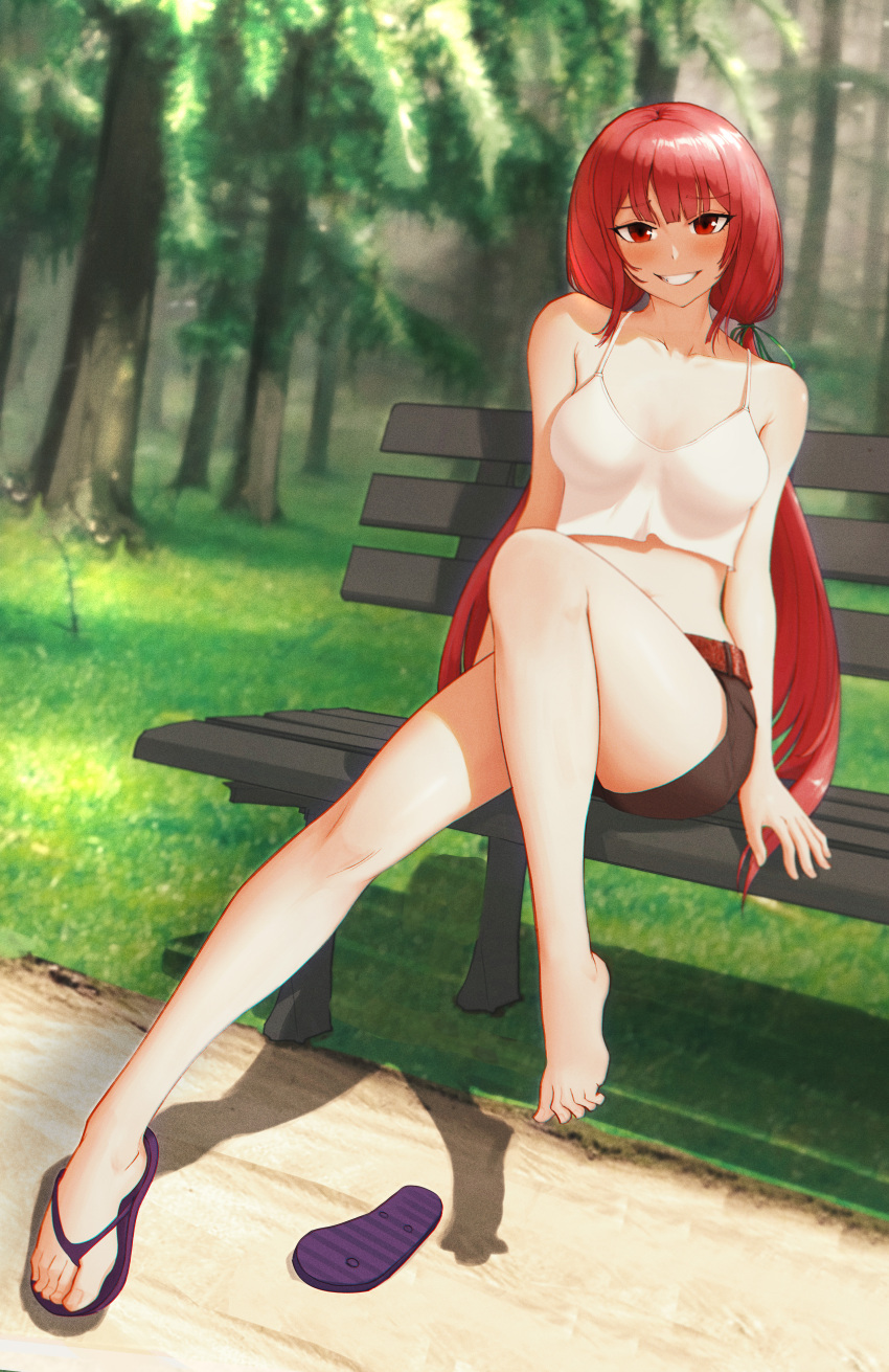 1girl absurdres arm_support armpit_crease barefoot bench blurry blurry_background blush breasts brown_shorts chromatic_aberration clenched_teeth collarbone crop_top elias2art english_commentary eyelashes feet film_grain flip-flops full_body highres knee_up leaning_back legs long_hair looking_at_viewer medium_breasts midriff navel original outdoors park_bench purple_footwear red_eyes red_hair sandals shadow shiny_skin short_shorts shorts smile solo tank_top teeth thighs toe_scrunch toenails toes tree twintails very_long_hair white_tank_top